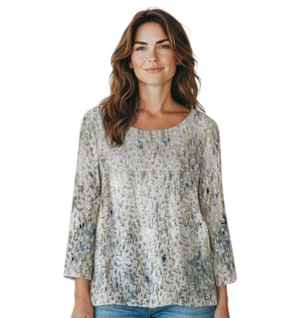 ANTONIO MELANI Women's L Blouse Silk Gold Metallic Animal Print 3/4 Sleeve 38"
